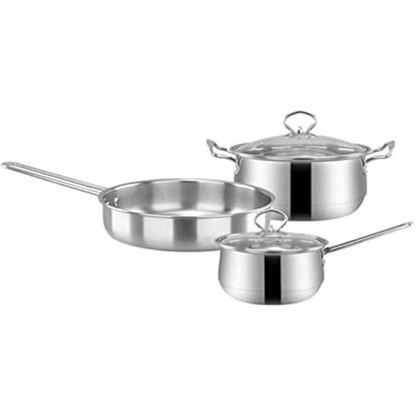 3-Piece Stainless Steel Cookware Set-Silver, Induction Compatible, Flat Bottom Frying Pan, Soup and Milk Pot
