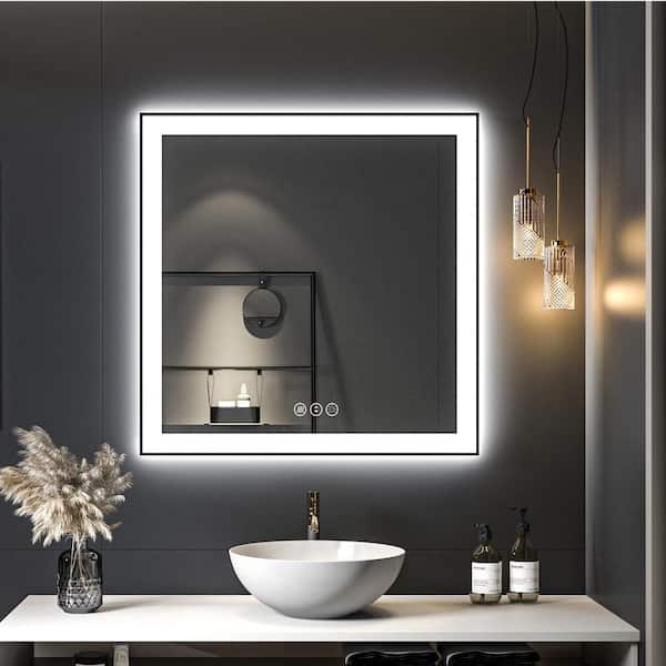 KIOTEE 38 in. W. x 38 in. H Square Framed Front and Back LED Lighted Anti-Fog Wall Bathroom Vanity Mirror in Tempered Glass