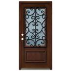 36 in. x 80 in. Decorative Iron Grille 3/4- Lite Stained Mahogany Wood Prehung Front Door