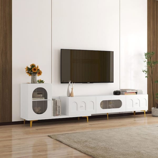 86-100 in. Retracted Extendable TV Stand with Storage Cabinet, Adjustable Media Console, White Finish