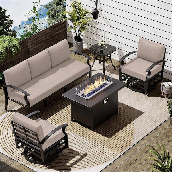 5-Seat Aluminum Patio Conversation Set with armrest, Firepit Table, Swivel Rocking Chairs and Sand Cushions