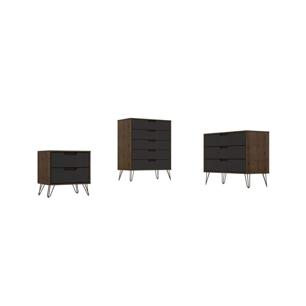 Rockefeller 3-Piece Nature and Textured Grey Tall Dresser and Nightstand Set -  Manhattan Comfort, 177GMC7