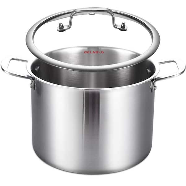 Tri-ply Stainless Steel Stock Pot 1 Piece Silver with Glass Lid Even Heating Induction Compatible Soup Pot Set
