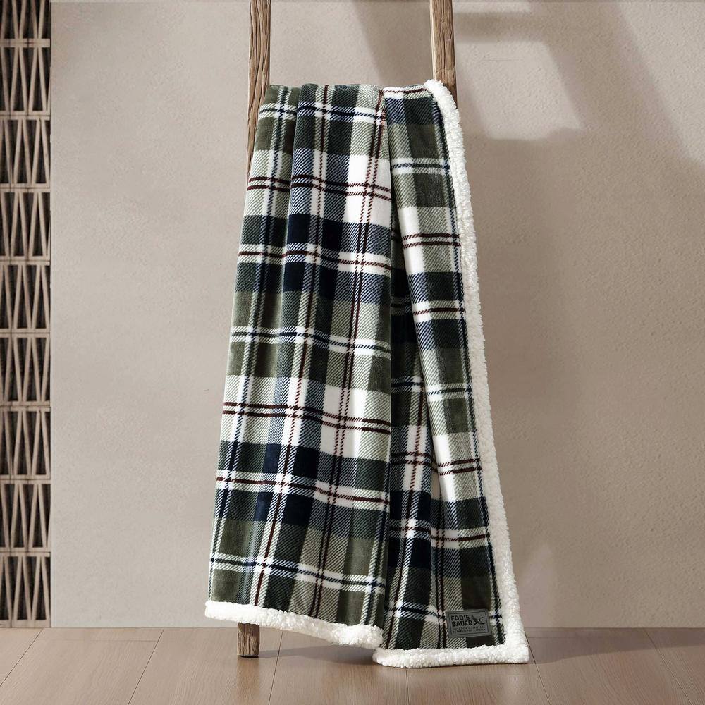 Trailhead Plaid Green Reversible Sherpa Fleece Throw Blanket