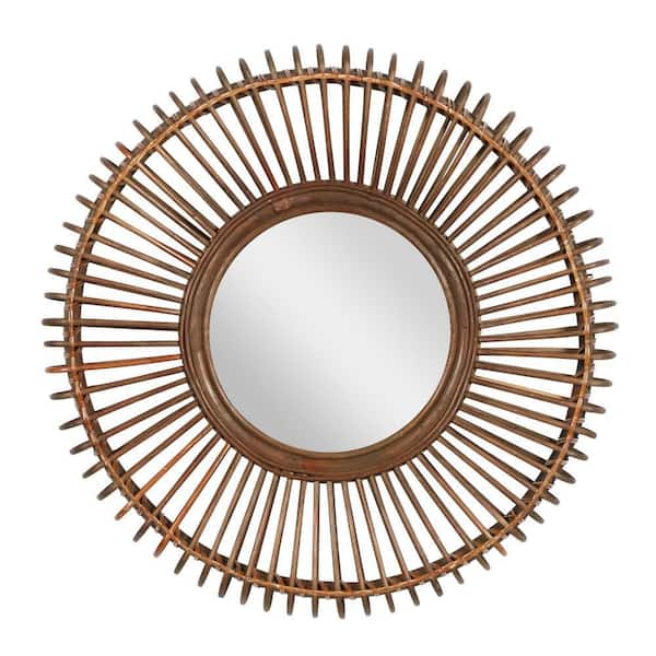 Litton Lane 30 in. x 30 in. Brown Wood Bohemian Round Wall Mirror
