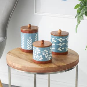 Light Blue Floral Ceramic Decorative Canisters with Wood Lids (Set of 3)
