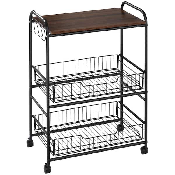 3-Tier Rolling Kitchen Cart with Storage, Kitchen Island Cart on Wheels with 2-Sliding Fruit Basket in Walnut