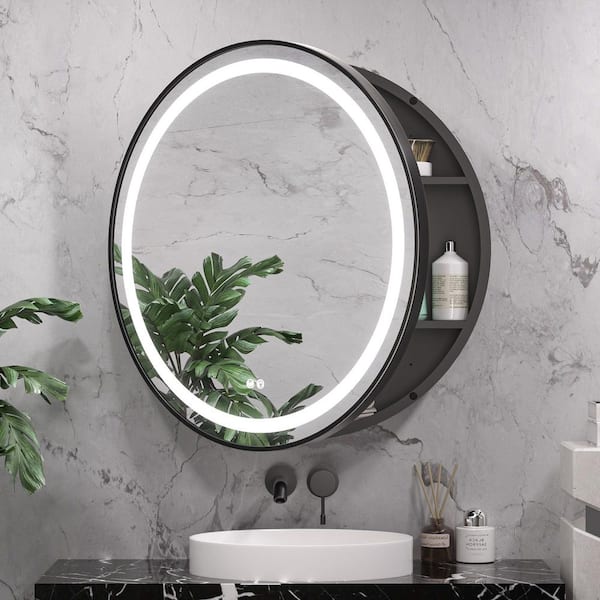 30 in. W x 30 in. H Round Metal Surface Mount Framed LED Light Medicine Cabinet with Mirror in Black Anti-Fog Dimmable