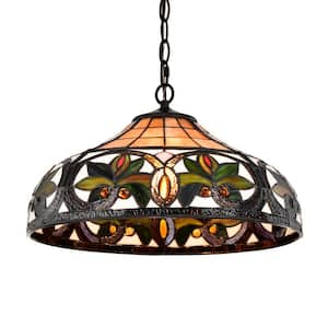 2-Light Antique Bronze Hanging Pendant Light with Classic Stained Glass