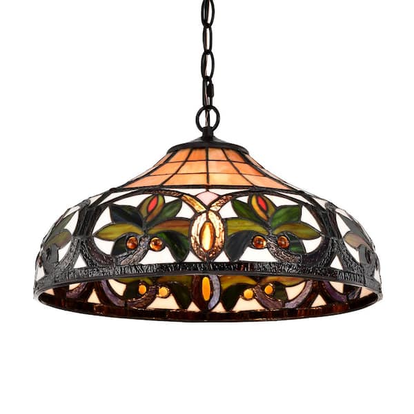 Warehouse of Tiffany 2-Light Antique Bronze Hanging Pendant Light with Classic Stained Glass