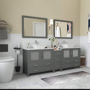 Ravenna 84 in. W Bathroom Vanity in Grey with Double Basin in White Engineered Marble Top and Mirrors