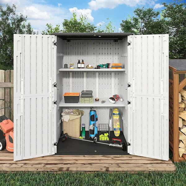 4.4 ft. W x 2.5 ft. D Vertical Resin Storage Shed with Floor Outdoor Cabinet with 2-Piece Shelves Grey (9.5 sq. ft. )