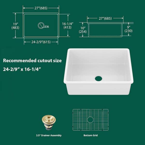 Logmey 27 in. Undermount Sink Single Bowl White Fireclay Kitchen