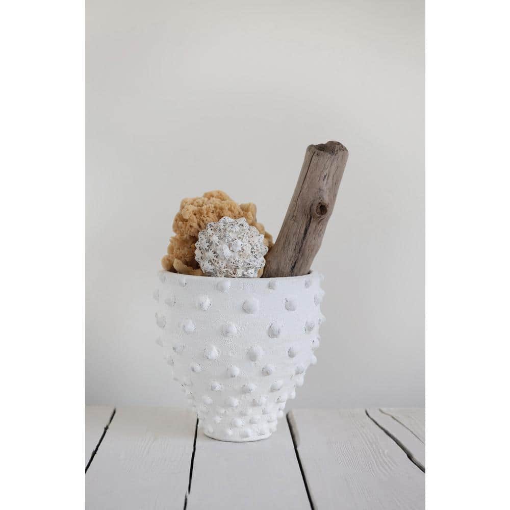 White Textured Terracotta Planter with Pointed Polka Dots