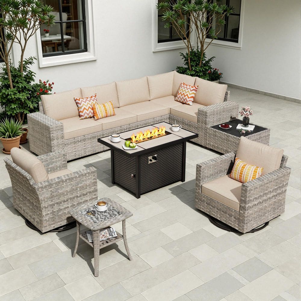 Crater Grey 10-Piece Wicker Outdoor Patio Fire Pit Conversation Sofa Set with Swivel Rocking Chairs and Beige Cushions
