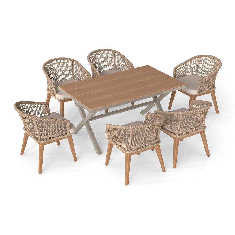 7-Piece Wicker & Wood Rectangular Outdoor Dining Set with Natural Beige Cushions, Coarse Mesh Chair price history on PriceWatchPro