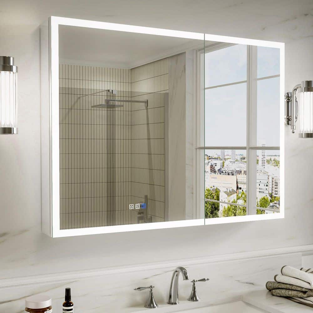 AZD 40 in. W x 30 in. H Rectangular Silver Aluminum Recessed/Surface Mount LED Dimmable Medicine Cabinet with Mirror price history on PriceWatchPro