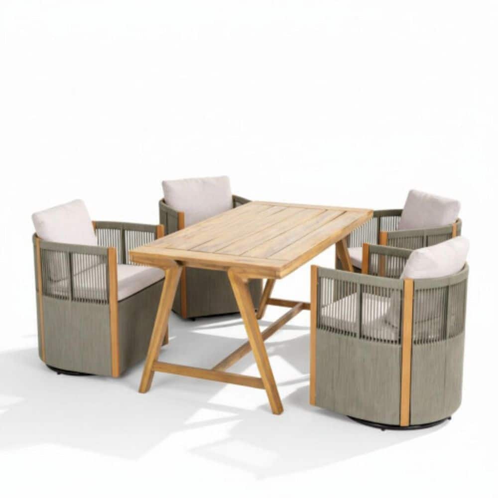Helenae 5-Piece Wood Patio Outdoor Dining Set with Beige Cushions and Light Grey Rope Wicker Swivel Chairs (Seats 4)