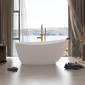 67 in. x 34 in. Solid Surface Stone Free Standing Tub Soaking Bathtub in Matte White with Black Bathtub Pillow