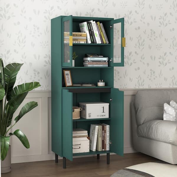 Nestfair 23.62 in. W x 13.78 in. D x 63 in. H Green Linen Cabinet with 2-Glass Display Door and 2-Doors