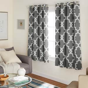 Ironwork Black Pearl Woven Trellis 52 in. W x 63 in. L Thermal Grommet Blackout Curtain (Set of 2)