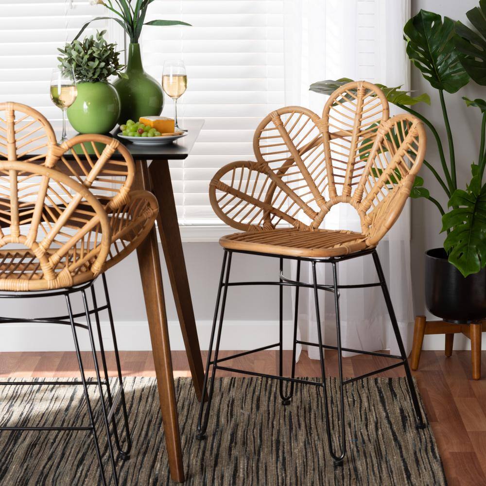 Garan Natural Rattan and Black Metal Boho Counter Stool