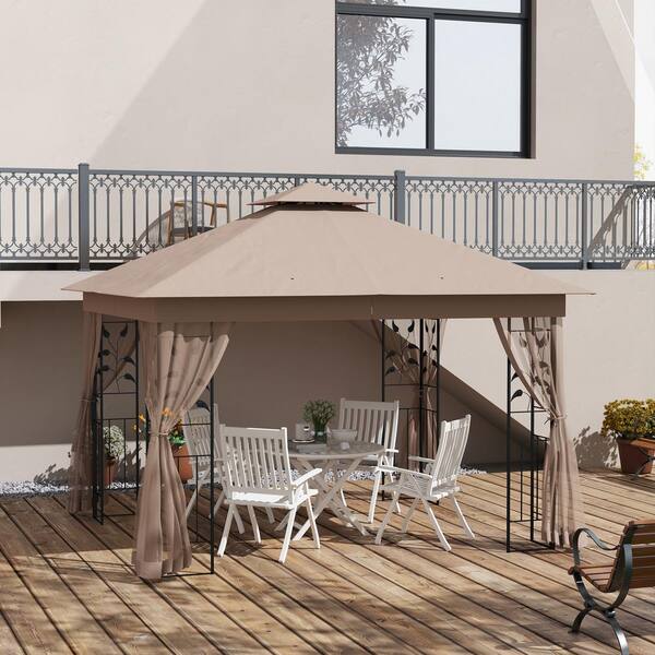 Outsunny 10 ft. x 11 ft. Metal Brown Patio Gazebo Double