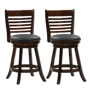 Woodgrove 25 in. Counter Height Wood Swivel Bar Stools with Black Bonded Leather Seat and 6-Slat Backrest (Set of 2)