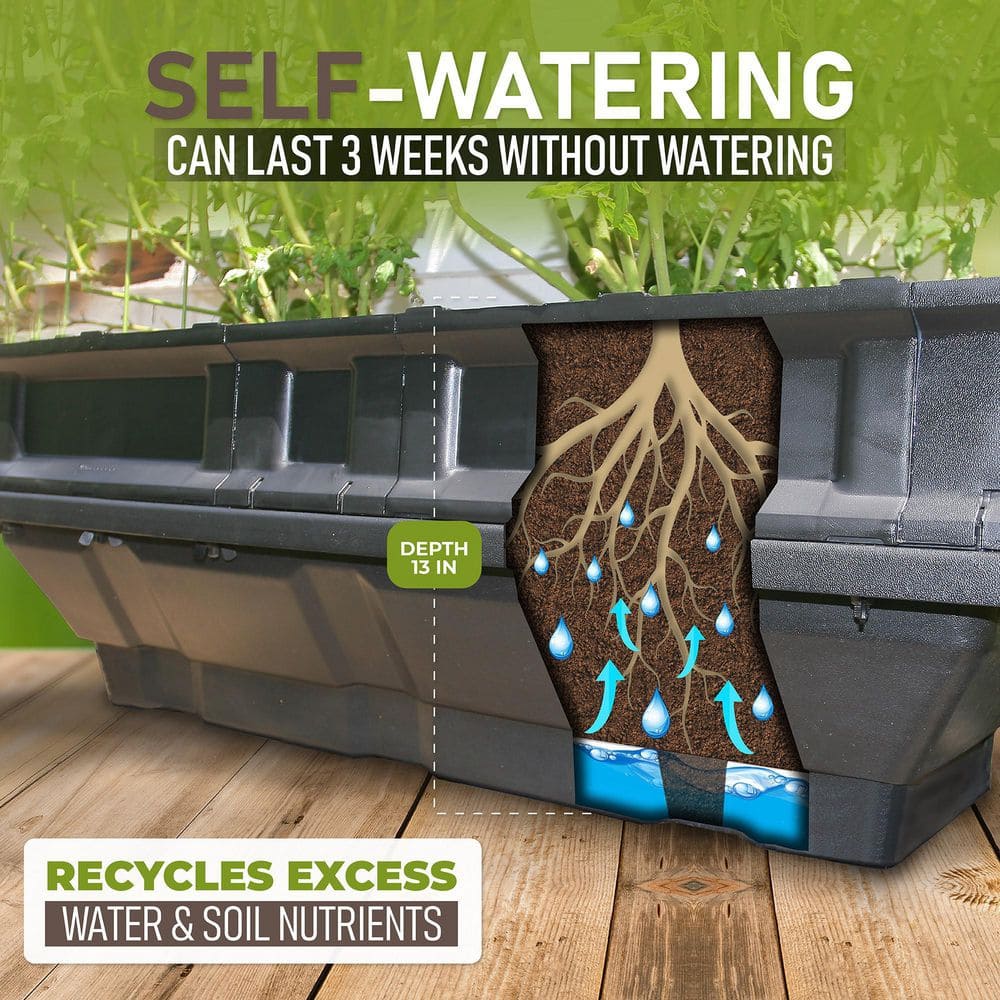 Large Black Self-Watering Raised Garden Bed with Protective Cover