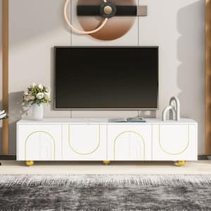 White Modern TV Stand Fits TVs up to 75 in. with Marble-patterned Top, Golden Round Metal Legs, Adjustable Shelf