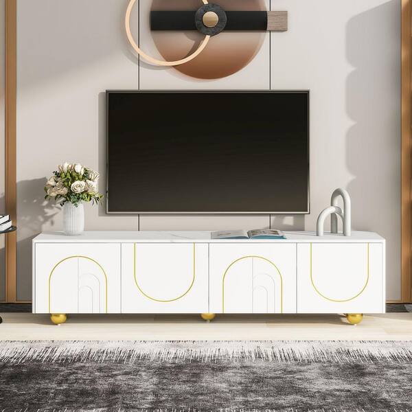 Harper & Bright Designs White Modern TV Stand Fits TVs up to 75 in. with Marble-patterned Top, Golden Round Metal Legs, Adjustable Shelf