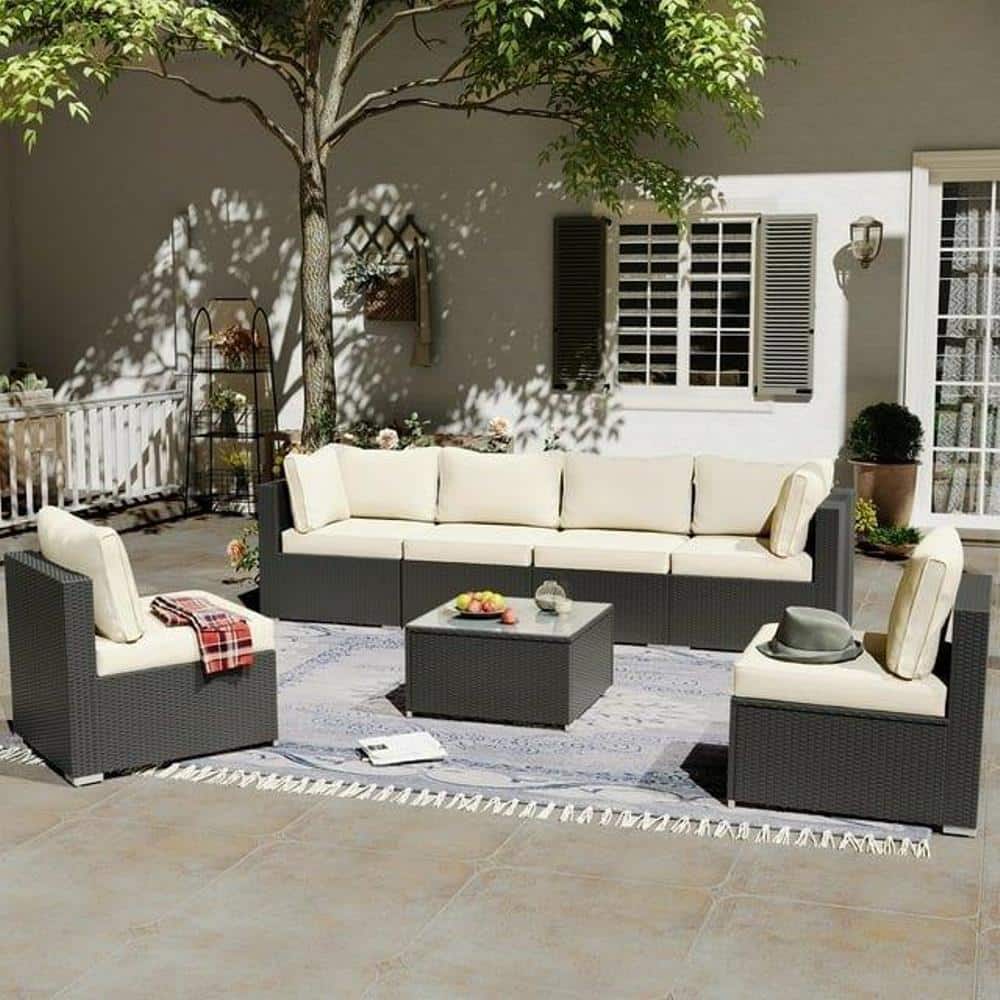 Beige Cushioned 7-Piece Black Wicker Outdoor Sectional Set