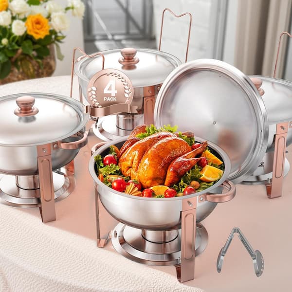 SVOPES Chafing Dish Buffet Set, 5 qt. 4-Pack, Stainless Steel Chafer with Pans, Round Catering Warmer with Lid & Folding Stand