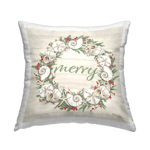 Stupell Industries Shells and Festive Holly Beige Abstract Polyester 18 in. X 18 in. Throw Pillow