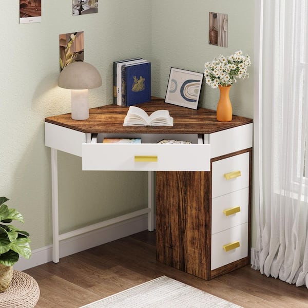 Moroni 27.26 in. Brown and White Wood Triangle Computer Desk, Corner Computer Desk with 4-Drawer for Small Space