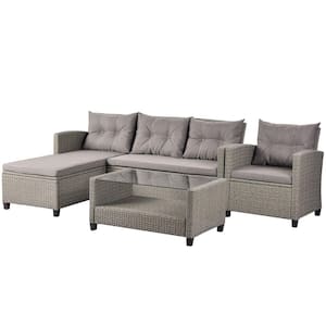 4-Piece Gray Wicker Patio Conversation Set with Brown Cushions
