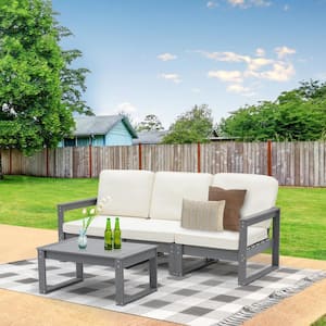 Slate Grey 4-Piece Plastic HDPE Composite Lumber Patio Conversation Set with Beige Cushion and Coffee Table