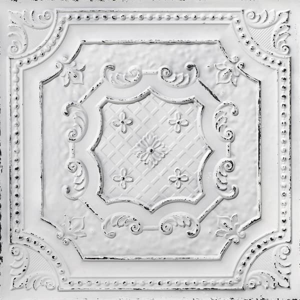 FROM PLAIN TO BEAUTIFUL IN HOURS Elizabethan Shield Old Black White 2 ft. x 2 ft. PVC Glue Up or Lay In Faux Tin Ceiling Tile (200 sq. ft./case)