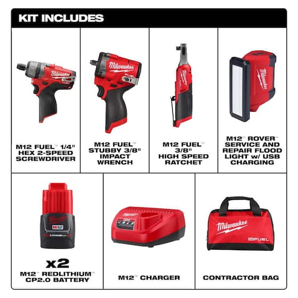 M12 12V Lithium-Ion Cordless Screwdriver, 3/8 in. High Speed Ratchet, Light, 3/8 in. Stubby Impact Combo Kit (4-Tool)