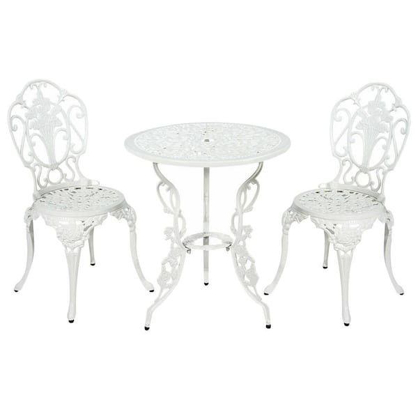 ANGELES HOME 3-Piece White Rust-proof Cast Aluminum Patio Bistro Set, Rose Design, 2 in. Umbrella Hole