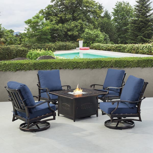Oakland Living Black 5-Piece Aluminum Patio Fire Table Set with Blue Cushions