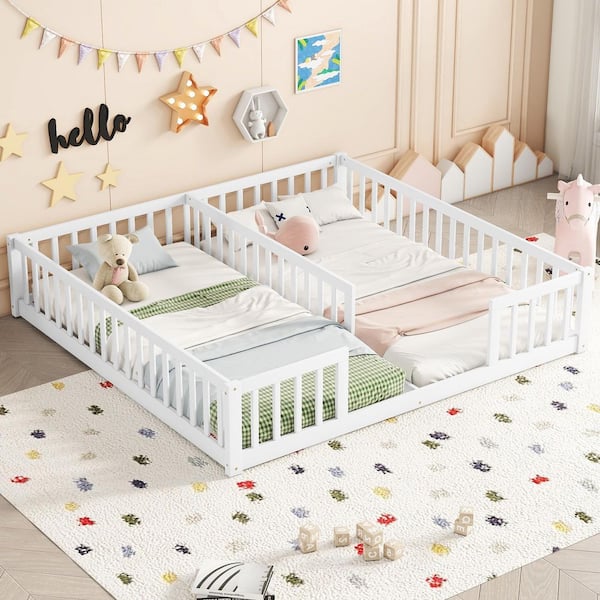 Finbar White Wood Frame Double Twin Size Kids Bed, Floor Bed with Fence, Guardrails