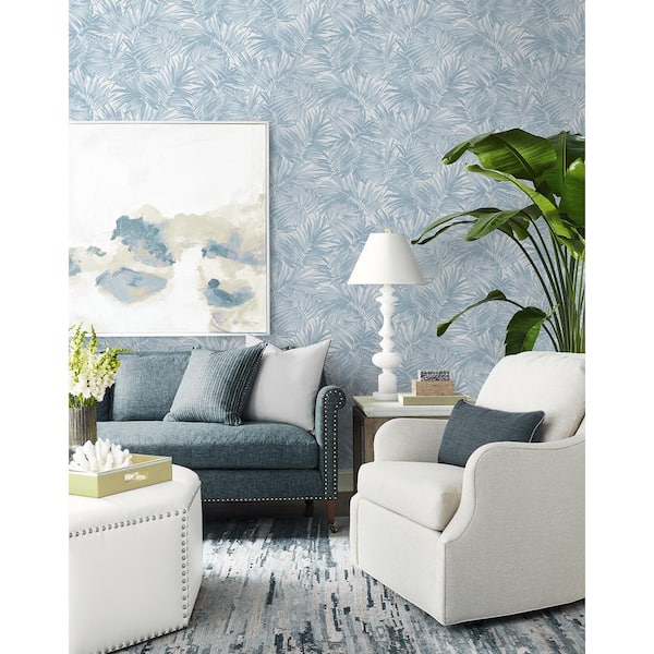 60.75 sq. ft. Coastal Haven Blue Shale Cordelia Tossed Palms Embossed Vinyl Unpasted Wallpaper Roll