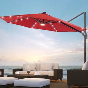 10 ft. Round Solar LED 360-Degree Rotation Cantilever Offset Outdoor Patio Umbrella in Red