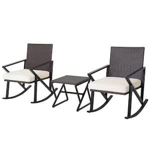 3-Piece Patio Wicker Patio Conversation Sets Rocking Chairs Set with White Cushions and Heavy-Duty Metal Frame