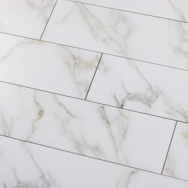 Tuscan Design Large Format 4 in. x 16 in. Calacatta White Glass Subway Tile Sample (1.332 sq. ft.)