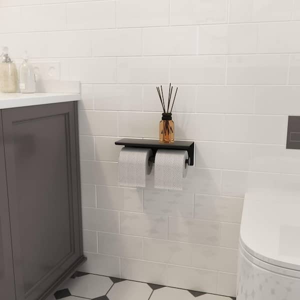 Wall Mounted Stainless Steel Toilet Paper Holder with Shelf in Matte Black, Double Head Toilet Tissue Roll Holder