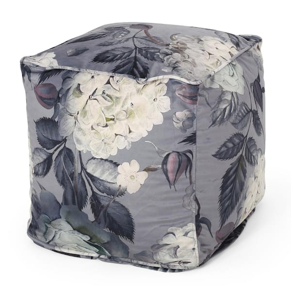 Noble House Cleves Flower Print on Gray Medium Cube Pouf