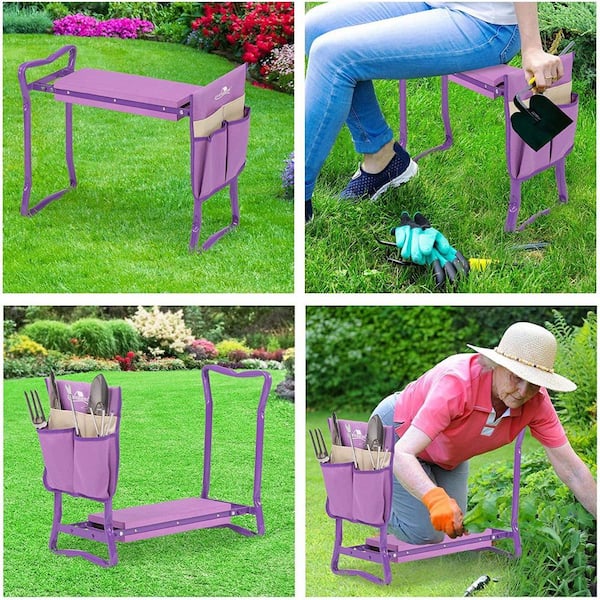 Garden Kneeler and Seat Folding Kneeling Bench Stool with Tool Pouches for Gardening Purple CX525FKBS The Home Depot