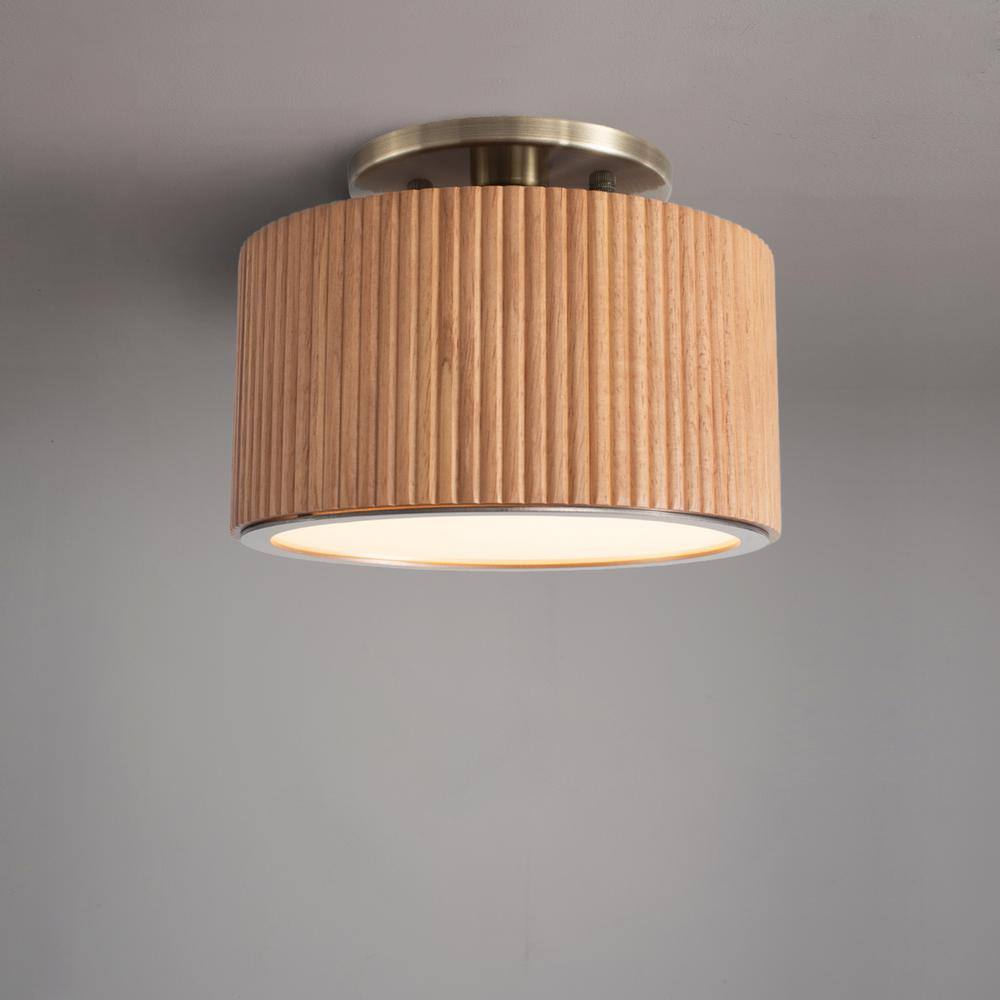 Natural Ash Wood and Brass LED Semi-Flush Mount Ceiling Light